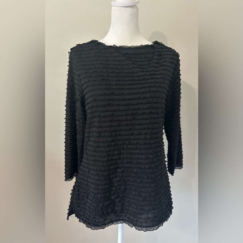 Coldwater Creek Women's Black tiered Ruffle Top 3/4 Sleeve Lined Size S